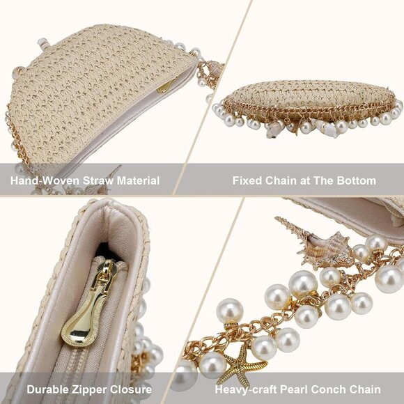 Women Straw Shoulder Bag Pearl Conch Summer Beach Handbag 3-in-1 Chic - Picture 4 of 6